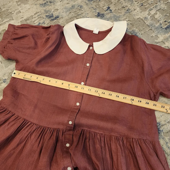 Eva Linen Peterpan Collar Puff Sleeve Button Front Mauve Mini Dress. Free Size - Picture 8 of 16